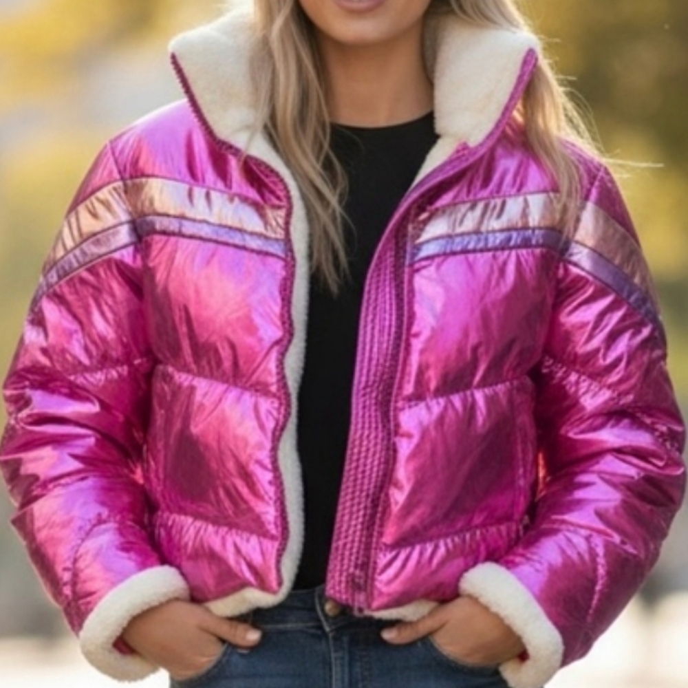 Sugar Thrillz Shimmering Pink Puffer with Faux Fur Medium Crop Jacket NWT